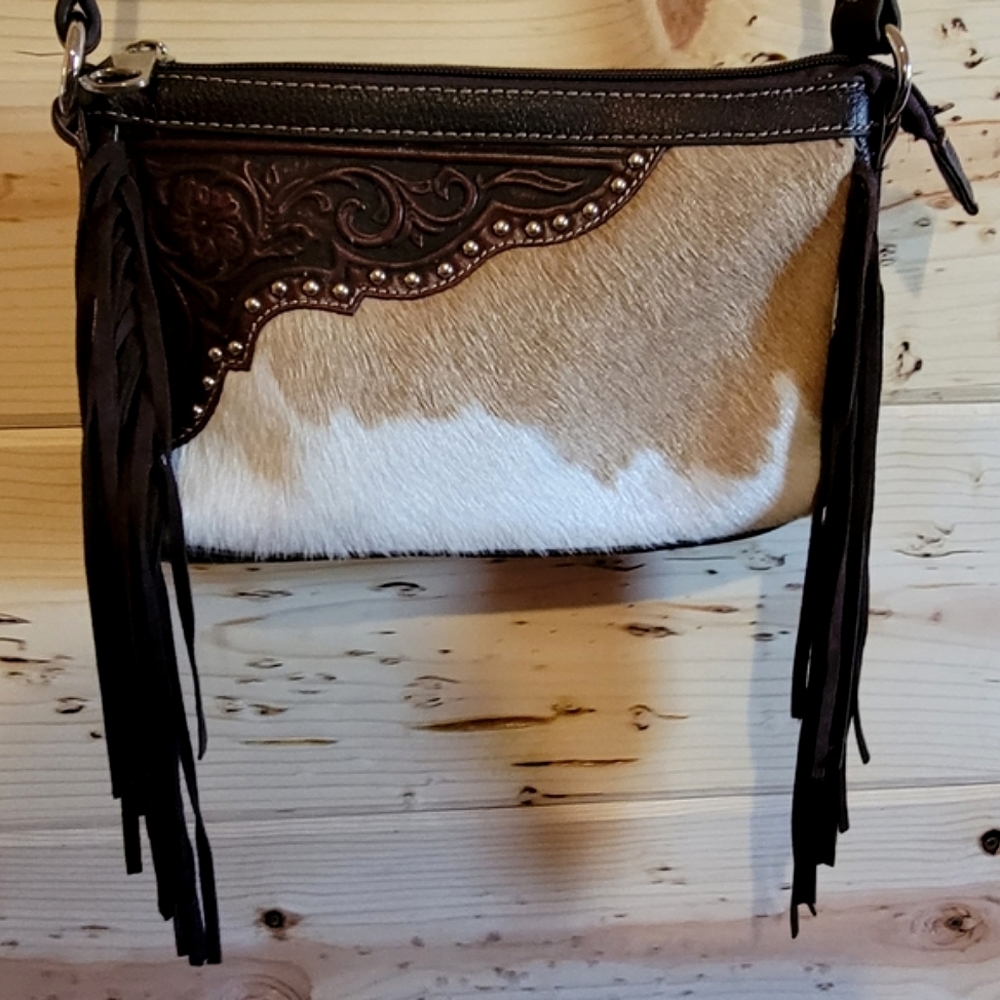 COWHIDE HAIR ON GENUINE LEATHER FRINGE PURSE